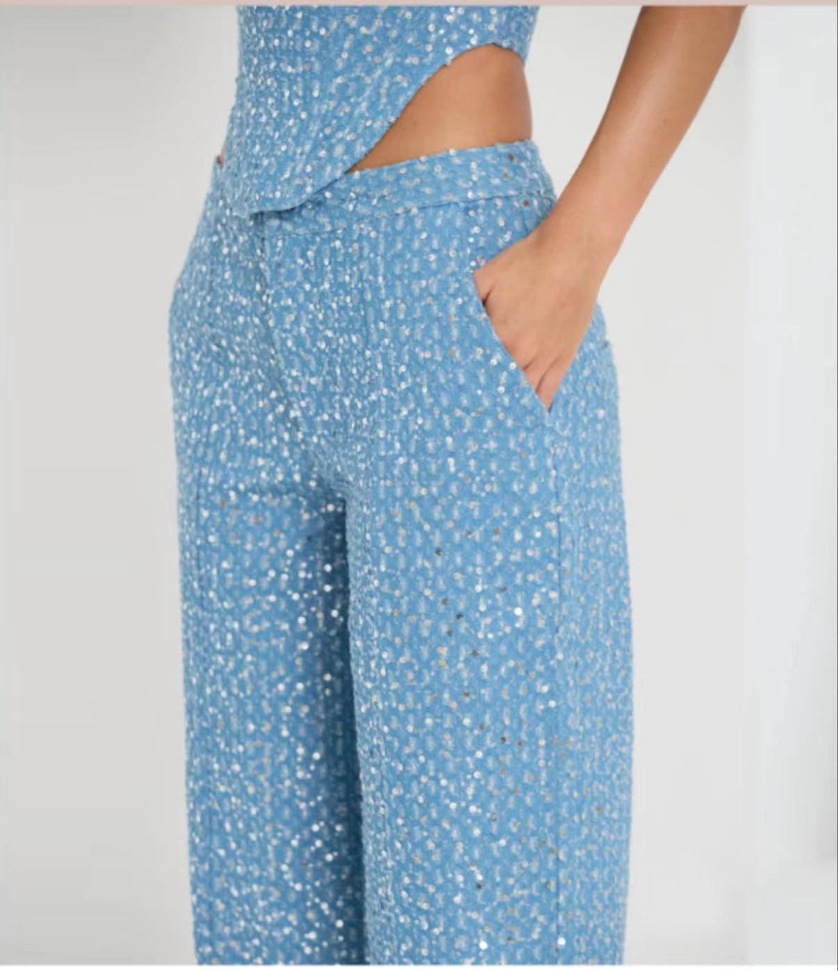 Maxime Denim Top Wide Leg Pants Suit - MAXIME