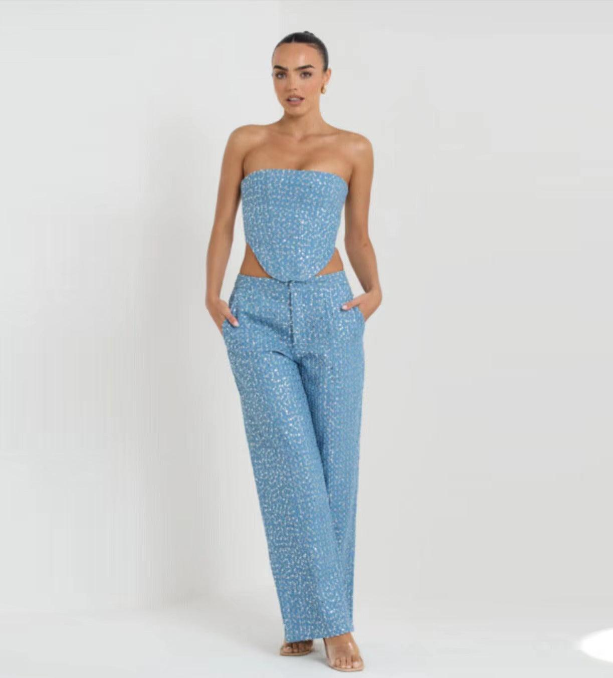 Maxime Denim Top Wide Leg Pants Suit - MAXIME