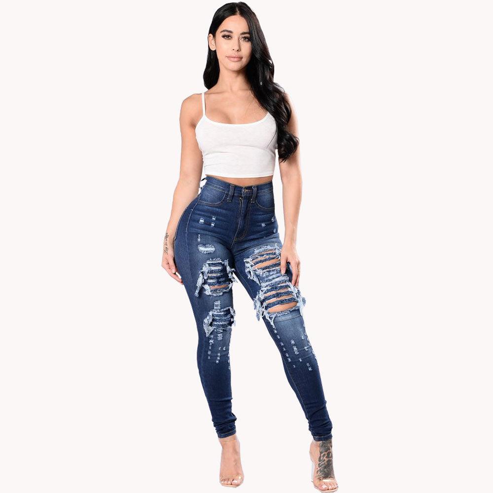 Women's Ripped Denim Washed Denim Pants - MAXIME