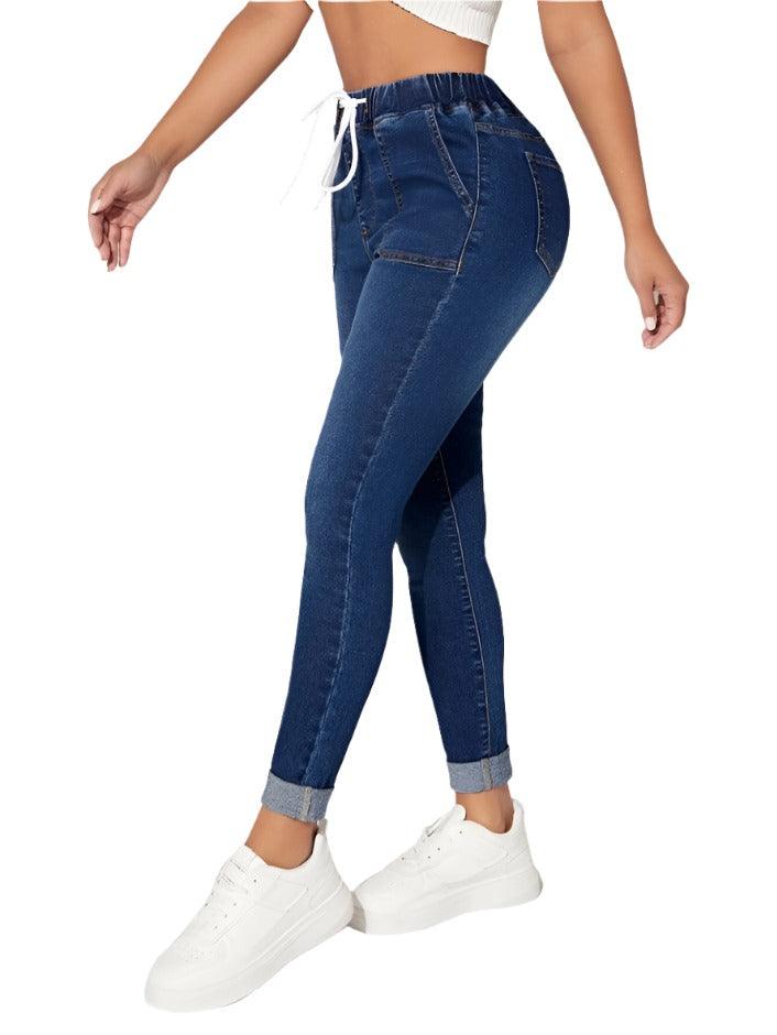 Drawstring Elastic Waist High Skinny Jeans - MAXIME