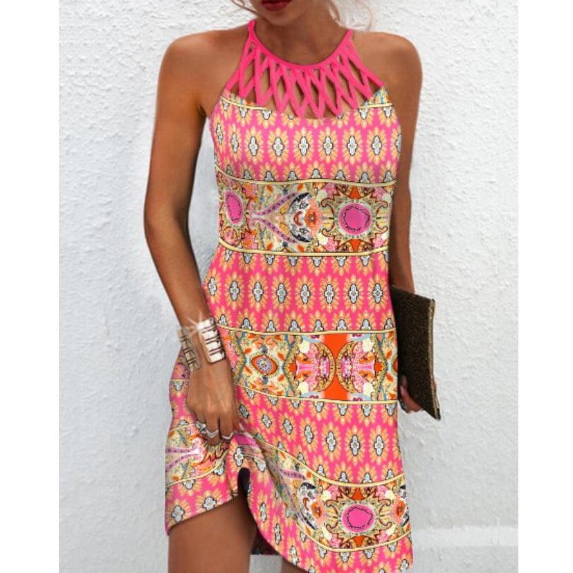 Print Dress Casual Halterneck Summer Clothes - MAXIME