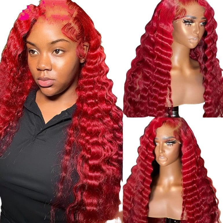 Red Deep Wave Human Hair Wig Real Headgear - MAXIME