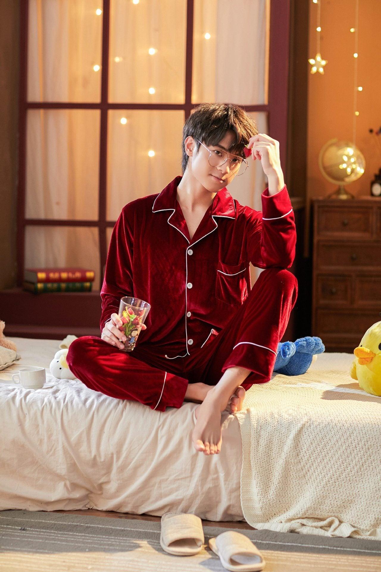 Couple Gold Velvet Long Sleeve Pajamas - MAXIME