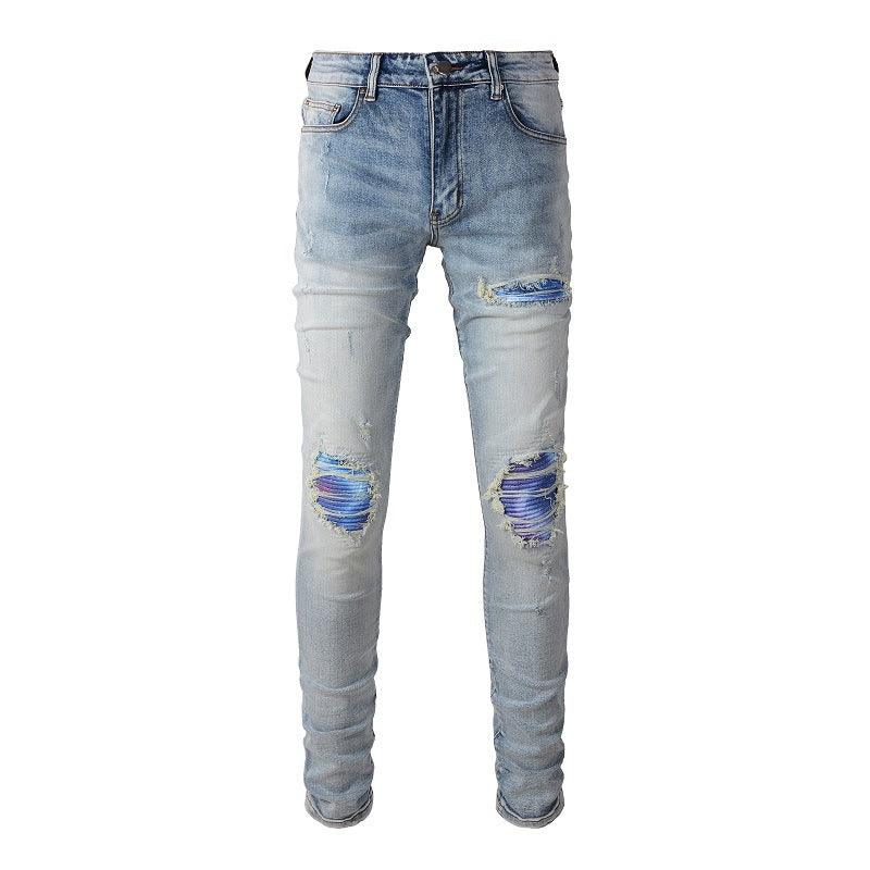 Washed Bright White Distressed Cat Beard Patch Ripped Stretch Slim Jeans - MAXIME