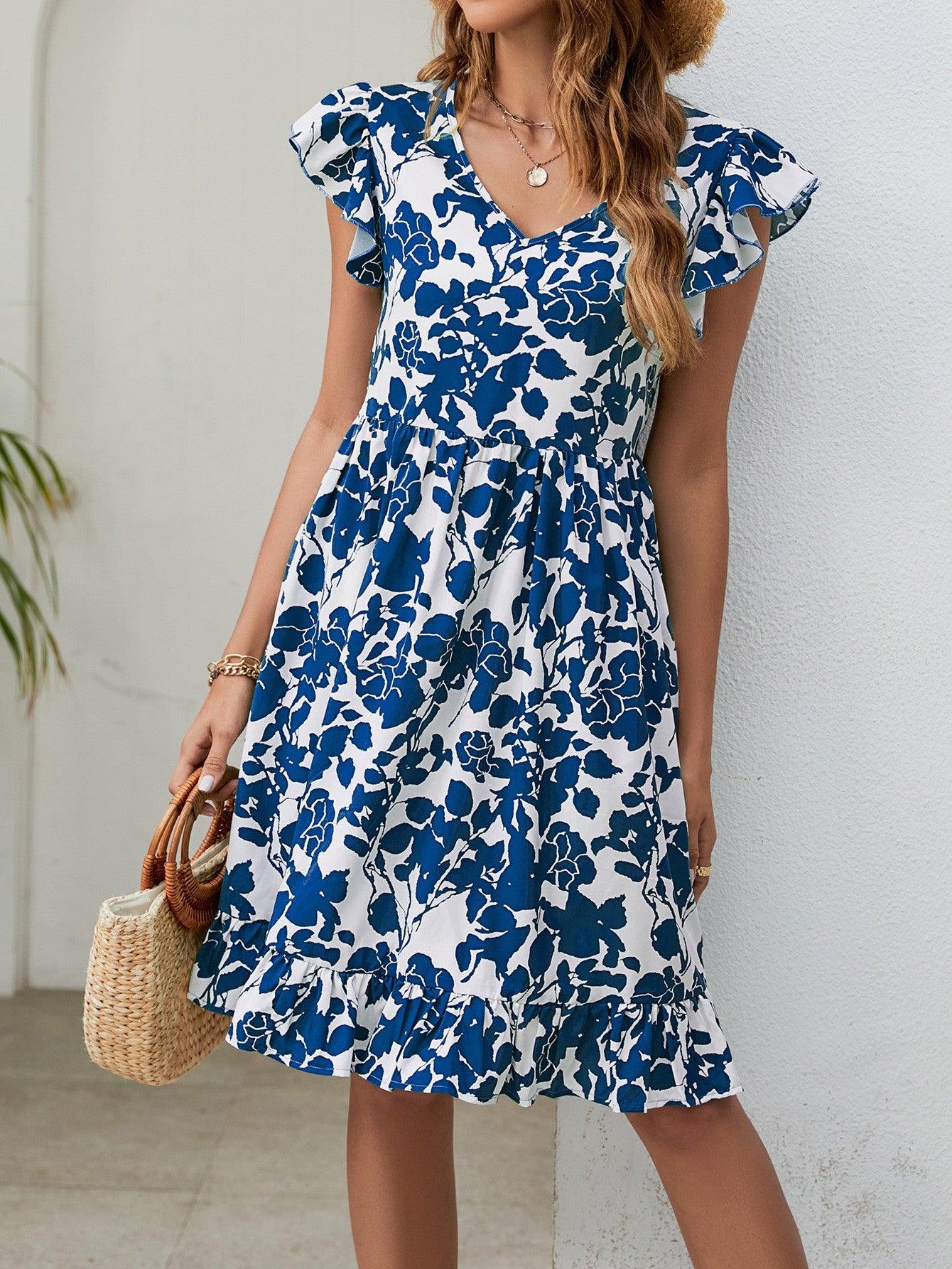 Leaf Print Dress Summer V-neck - MAXIME