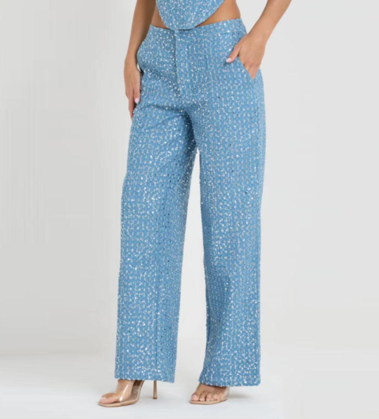 Maxime Denim Top Wide Leg Pants Suit - MAXIME