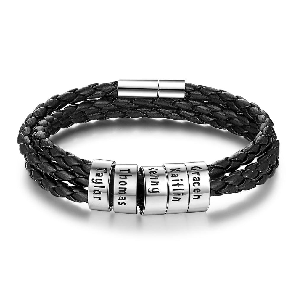 Personalized Mens Braided Genuine Leather Bracelet Stainless - MAXIME