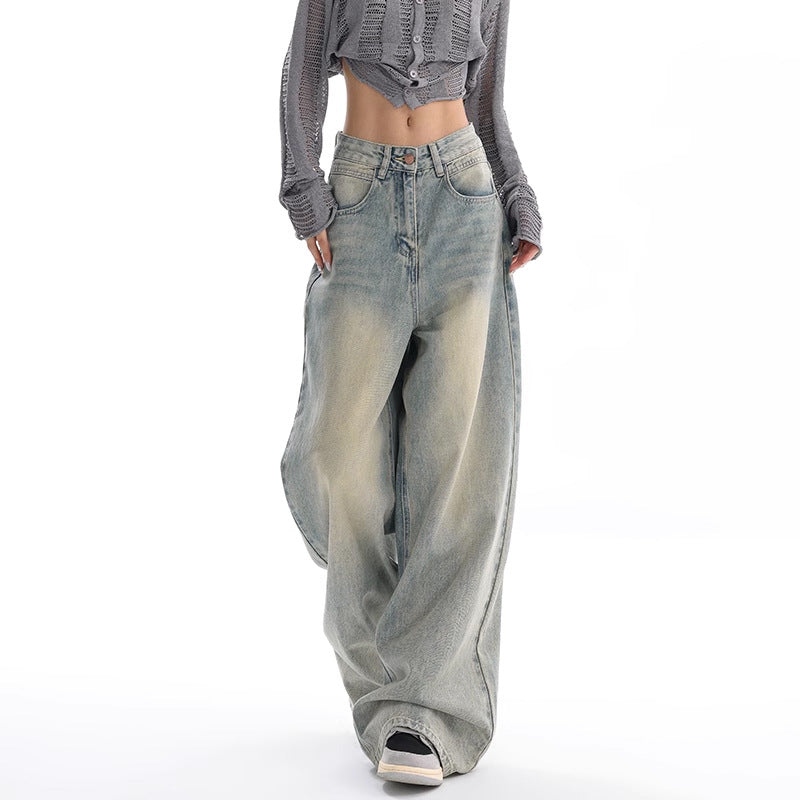 Retro Denim Style Loose Slimming Mop Wide Leg Pants - MAXIME