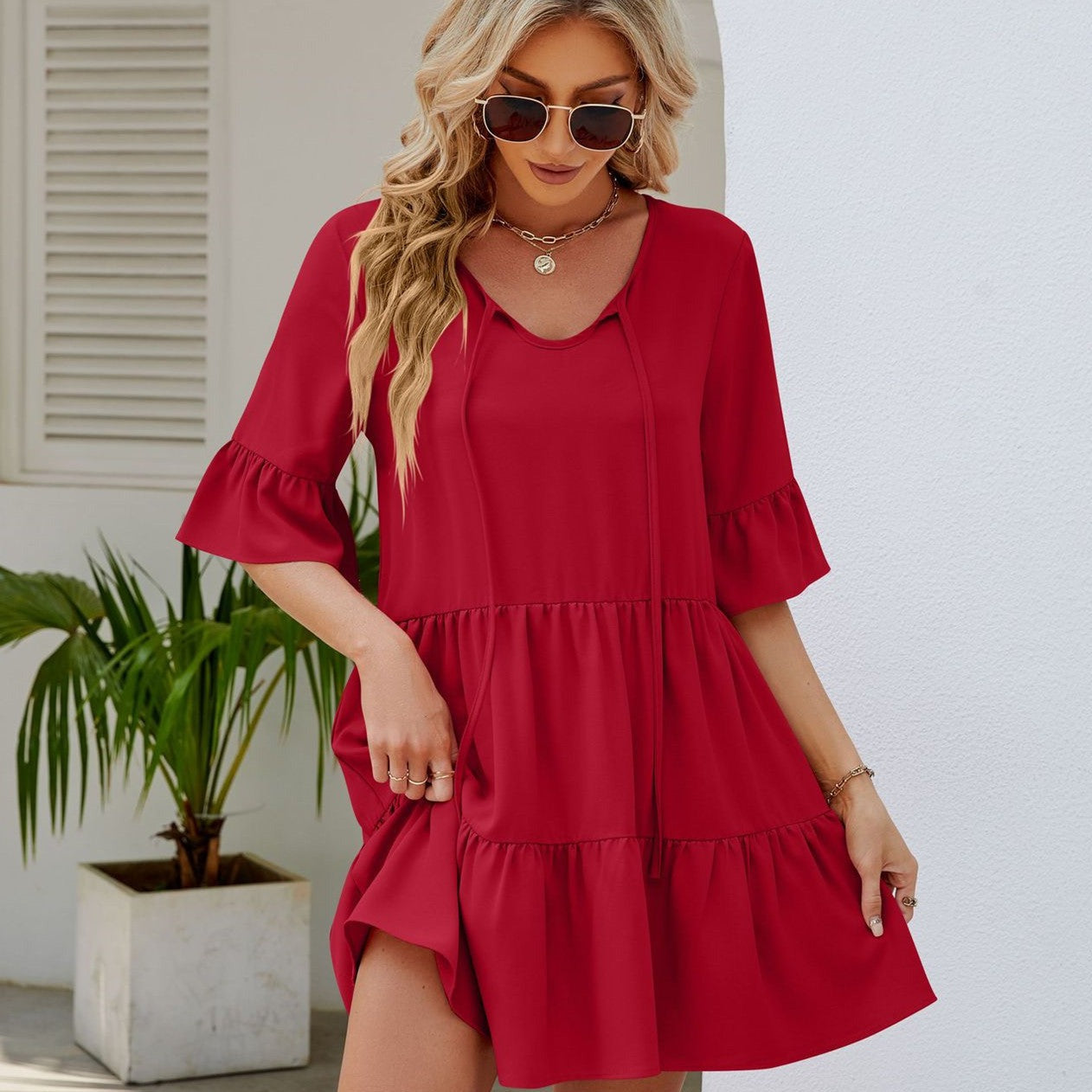 Maxime Short Sleeve Lace-up Dress - MAXIME