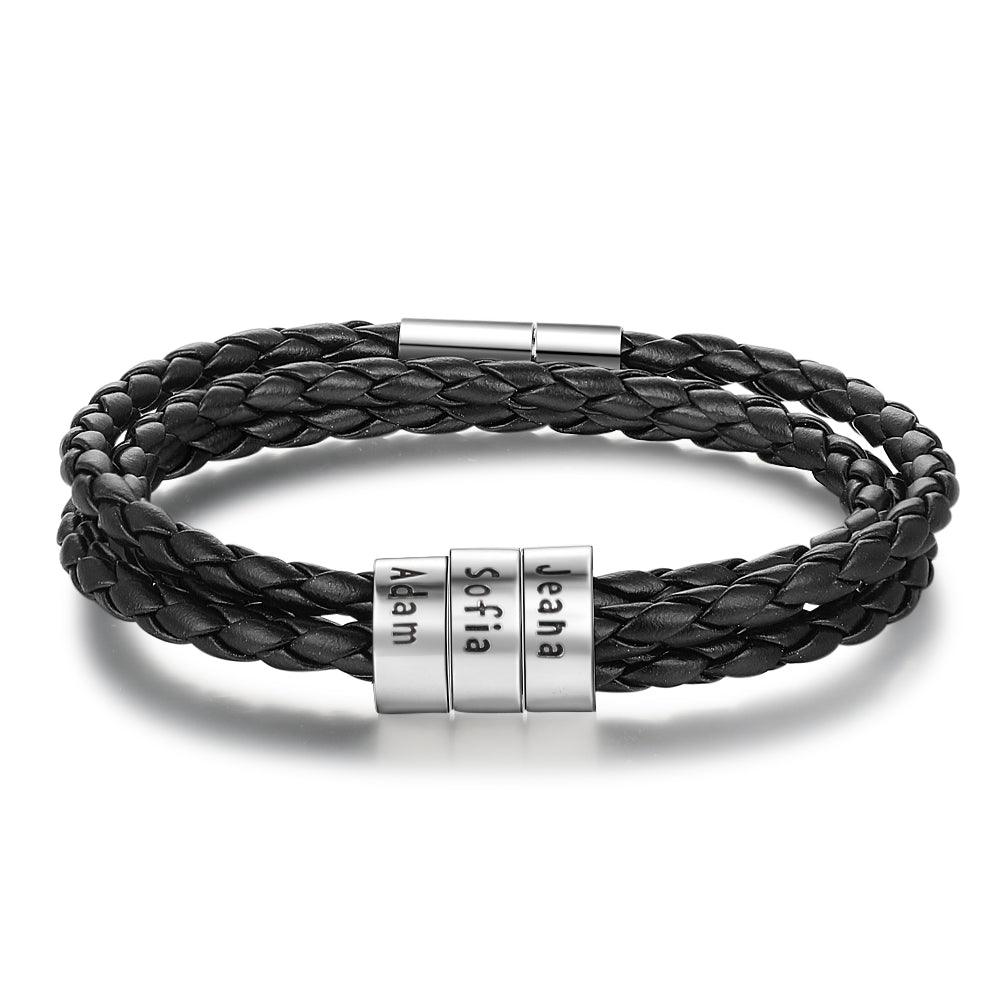 Personalized Mens Braided Genuine Leather Bracelet Stainless - MAXIME