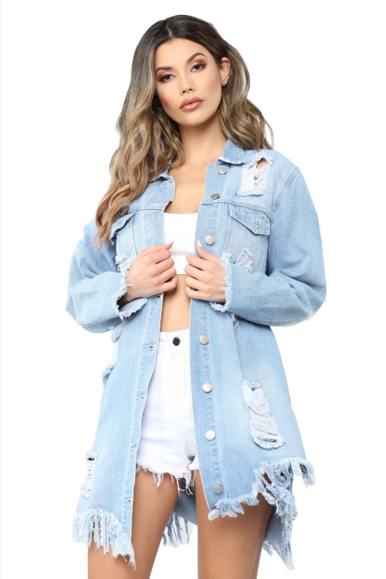 Ripped mid-length torn denim jacket - MAXIME