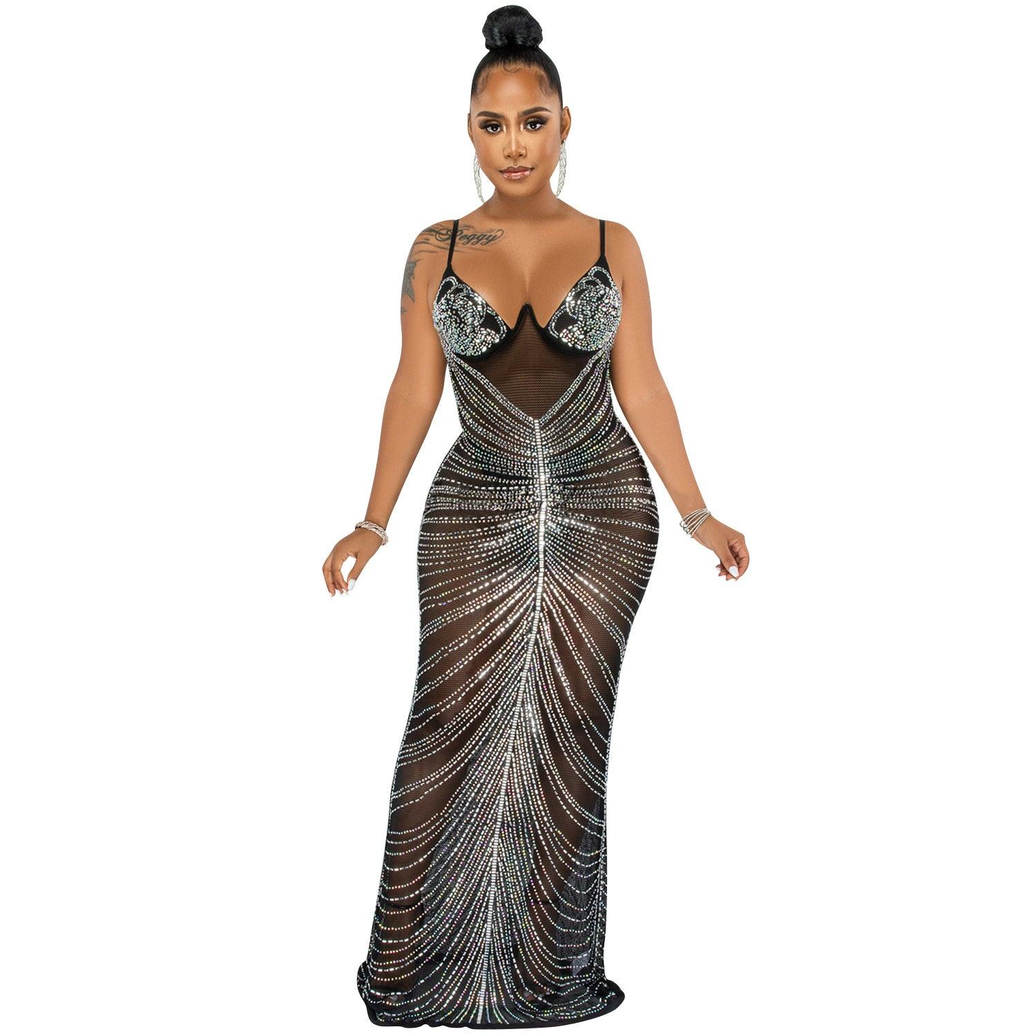 Mesh Evening Maxi Dress Spaghetti Straps Crystal Glam - MAXIME