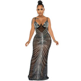 Mesh Evening Maxi Dress Spaghetti Straps Crystal Glam - MAXIME