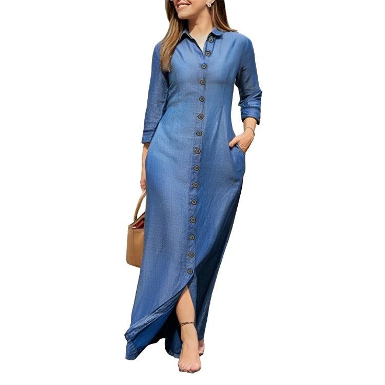 Shirt Collar Denim Button Maxi Dress - MAXIME