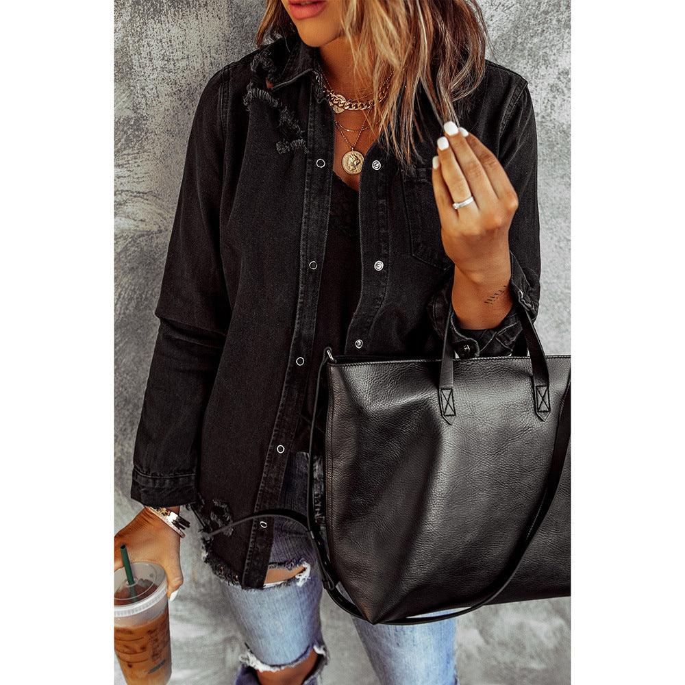 Black Denim Long Sleeve Coat Jacket Women - MAXIME