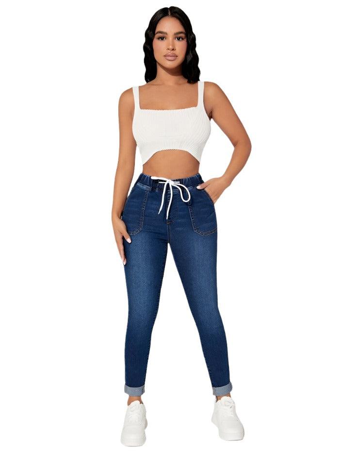 Drawstring Elastic Waist High Skinny Jeans - MAXIME