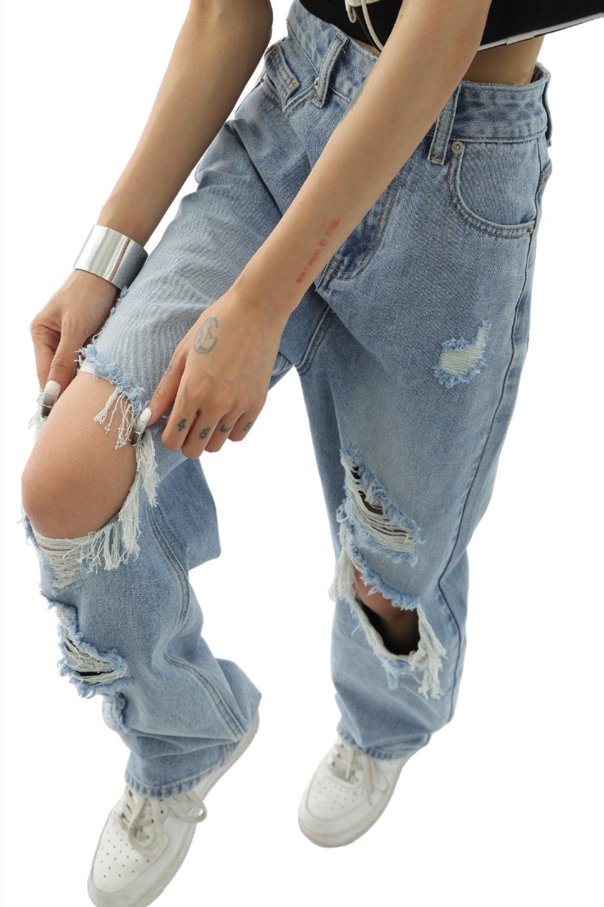 Light Blue Thin Ripped Jeans For Women - MAXIME