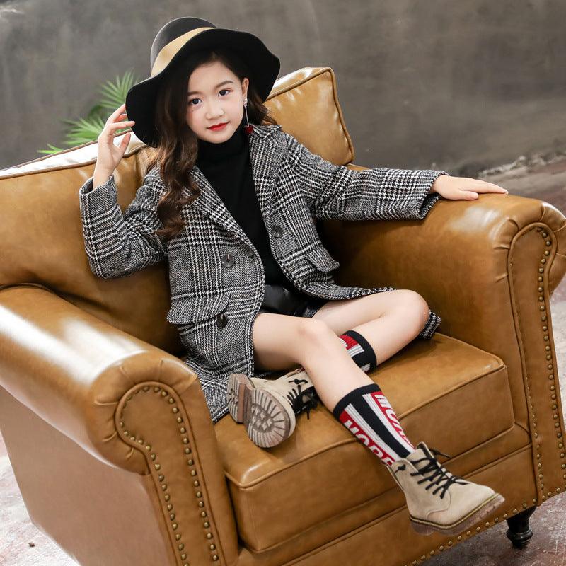 Gray plaid houndstooth coat for girls - MAXIME