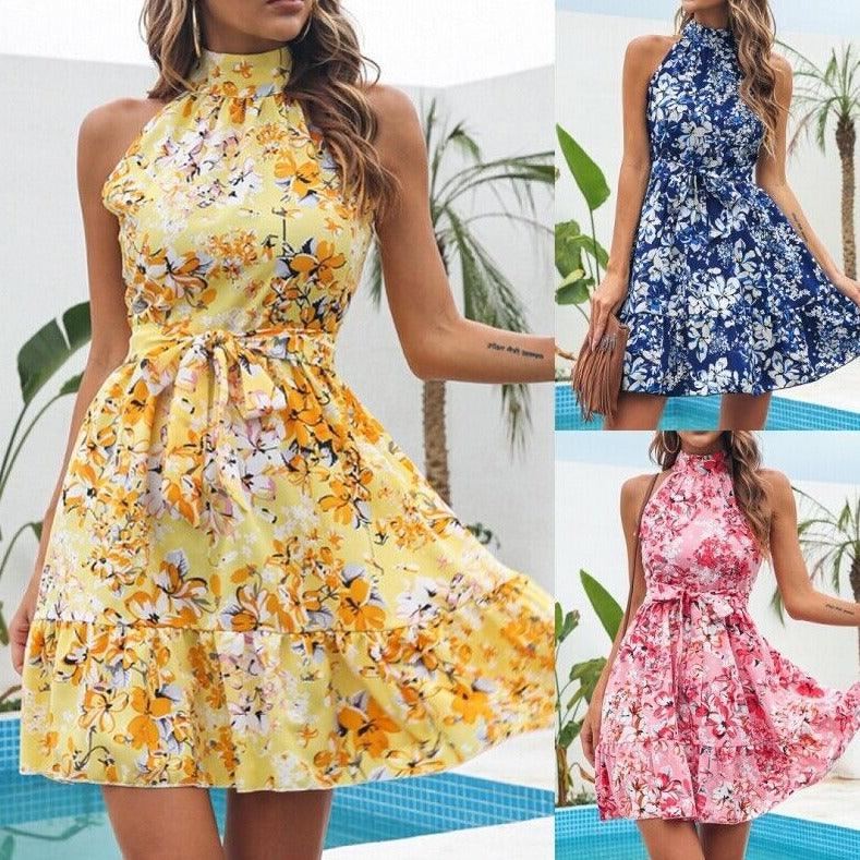 Women Floral Sleeveless Swing Chiffon Holiday Dress - MAXIME