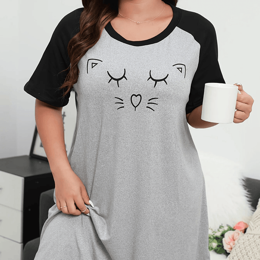 Women's Plus Cartoon Cat Print Raglan Short Sleeve - MAXIME