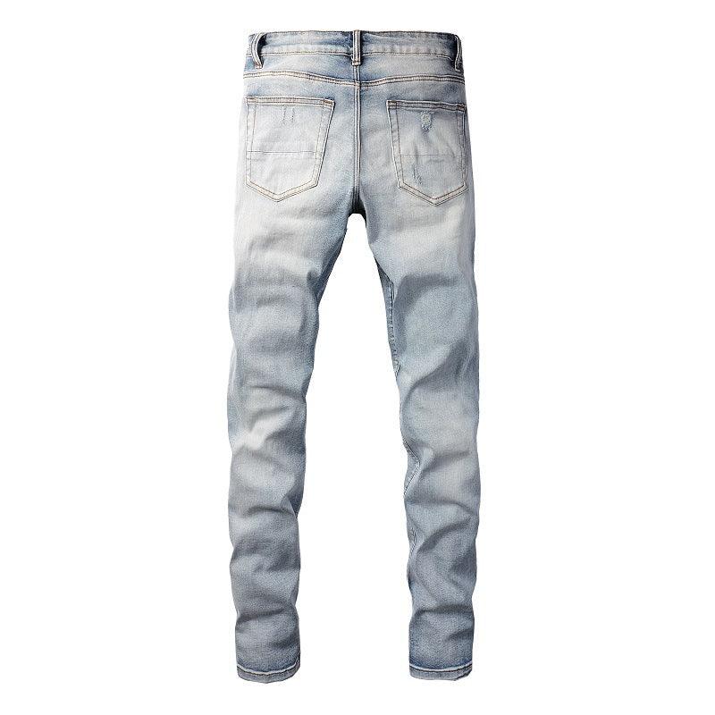 Washed Bright White Distressed Cat Beard Patch Ripped Stretch Slim Jeans - MAXIME