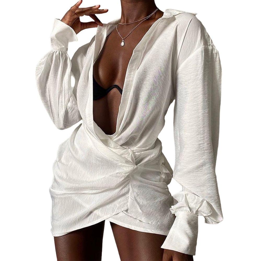 White Long-sleeved V-neck Shirt Sexy - MAXIME