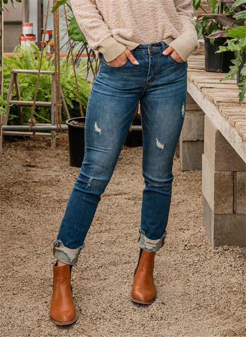 Slim Fit And Torn Blue Jeans For Women - MAXIME