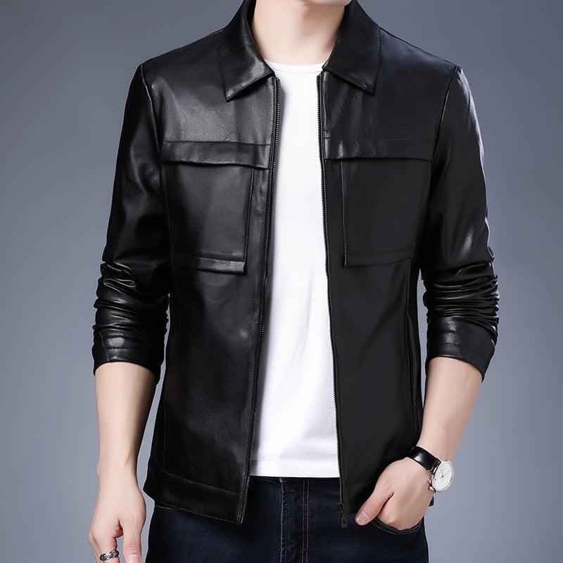 Leather Slim Lapel Casual Leather Jacket - MAXIME