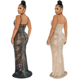 Mesh Evening Maxi Dress Spaghetti Straps Crystal Glam - MAXIME