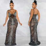 Mesh Evening Maxi Dress Spaghetti Straps Crystal Glam - MAXIME