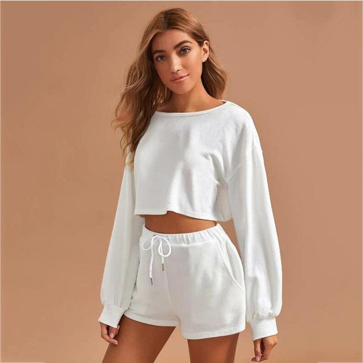 MAXIME Round Neck Long-Sleeved Drawstring Short Two-Piece - MAXIME