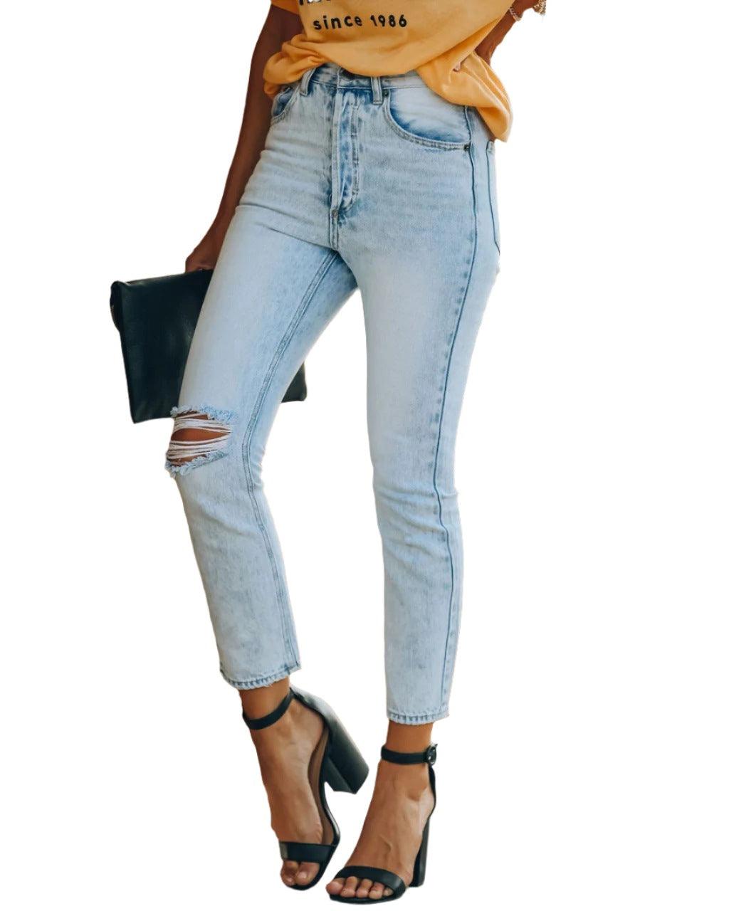 Denim Ripped Ankle-length Casual Pants - MAXIME