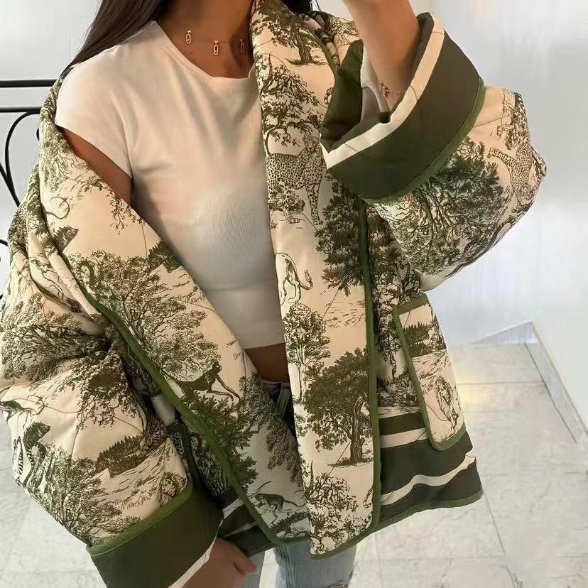 Women's Fashion Casual Printing Double-pocket Cotton-padded Coat - MAXIME