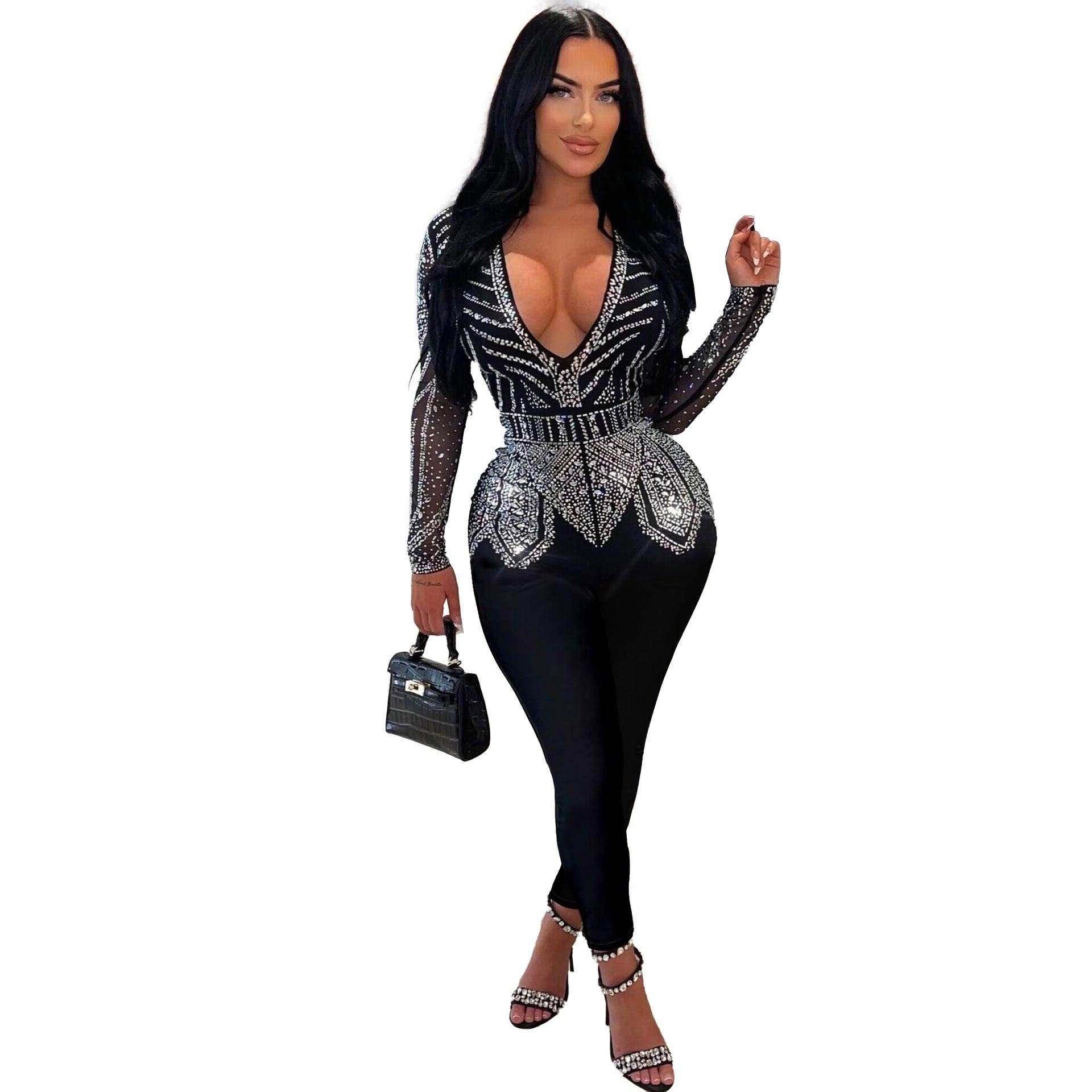 Maxime Rhinestone V-neck Stretch Tight Jumpsuit - MAXIME