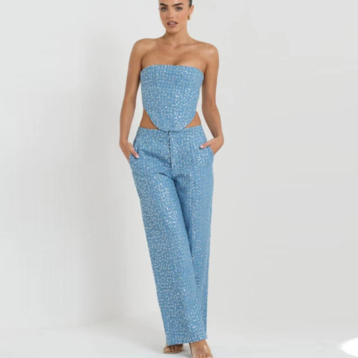 Maxime Denim Top Wide Leg Pants Suit - MAXIME