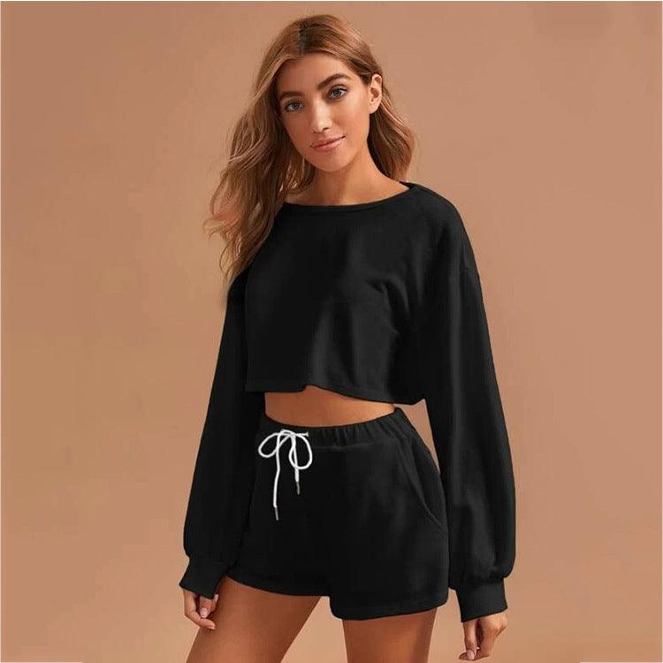 MAXIME Round Neck Long-Sleeved Drawstring Short Two-Piece - MAXIME