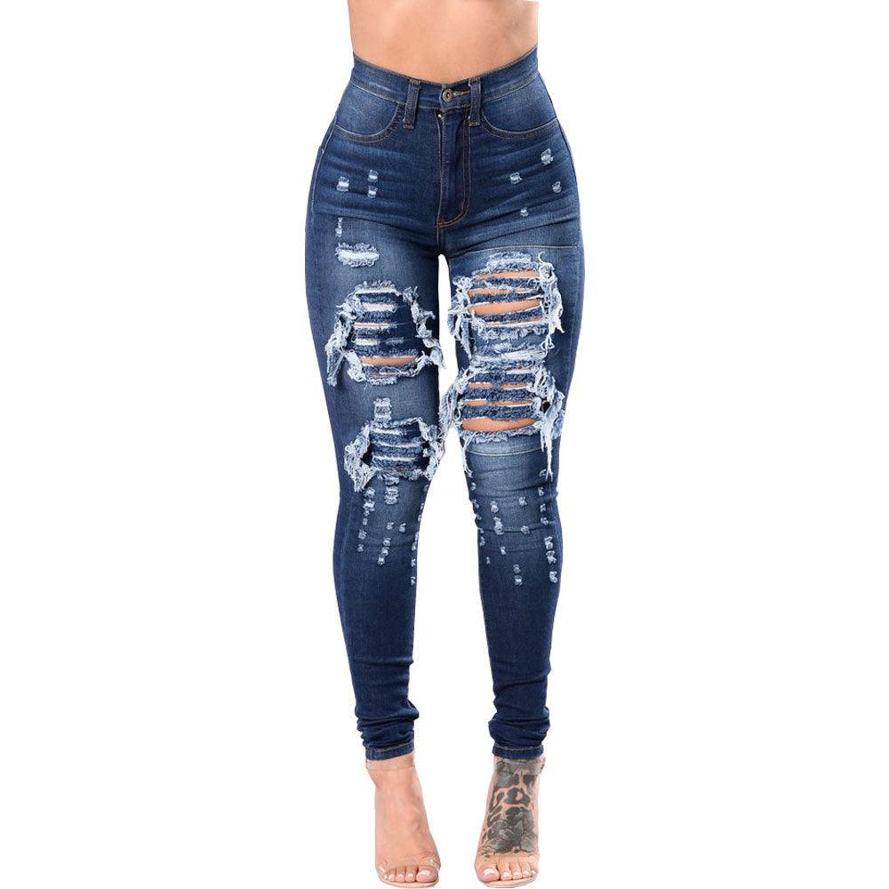 Women's Ripped Denim Washed Denim Pants - MAXIME