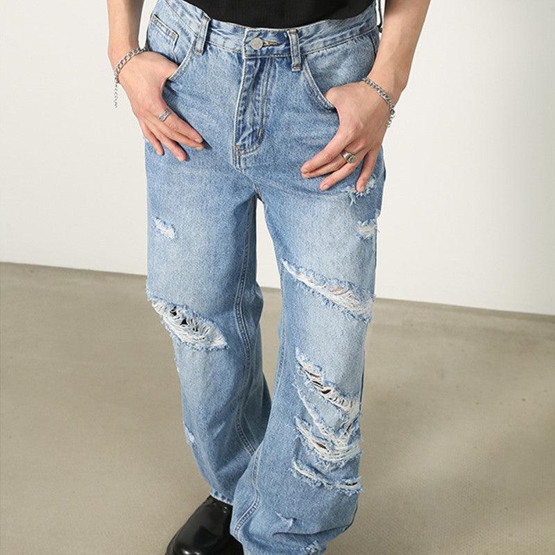 Washed Blue With Holes Straight Jeans For Men - MAXIME