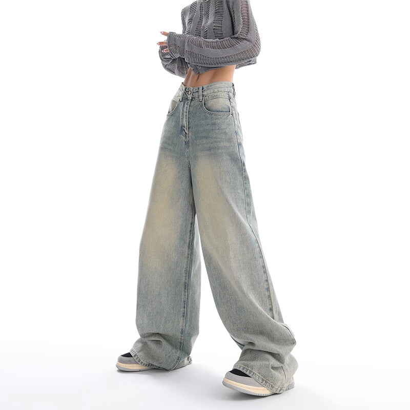 Retro Denim Style Loose Slimming Mop Wide Leg Pants - MAXIME