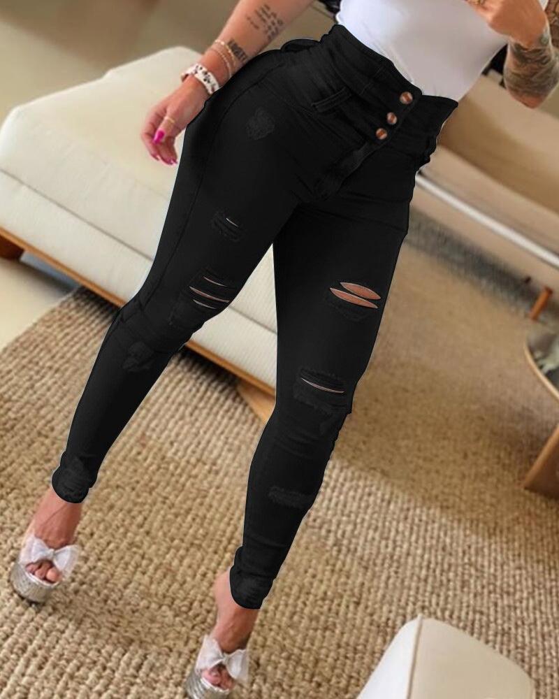 Slim High Waist Ripped Skinny Ripped Pants - MAXIME