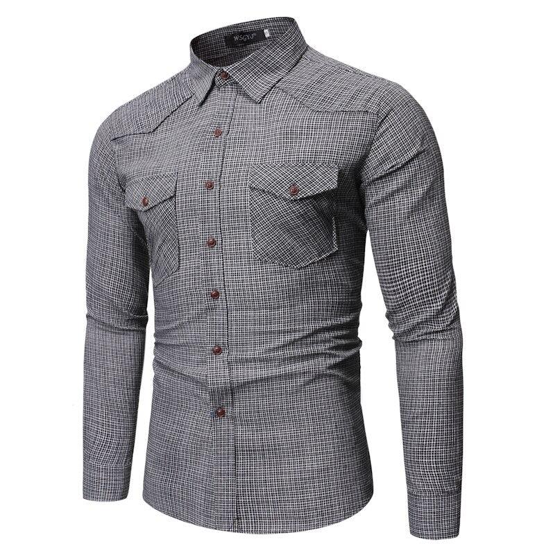 Casual Check Lapel Men's Double Pocket Slim Large Size Long Sleeve Shirt - MAXIME