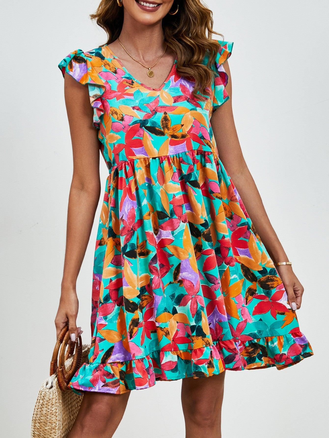 Leaf Print Dress Summer V-neck - MAXIME