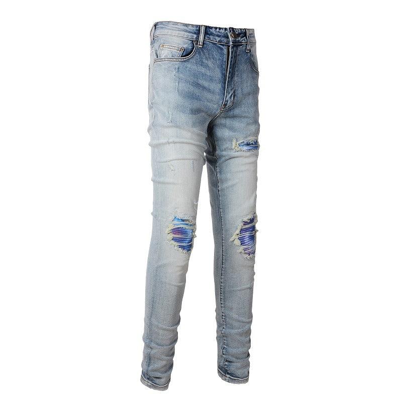 Washed Bright White Distressed Cat Beard Patch Ripped Stretch Slim Jeans - MAXIME