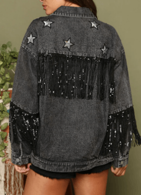 Multicolor Denim Coat Star Sequins Tassel Jacket - MAXIME