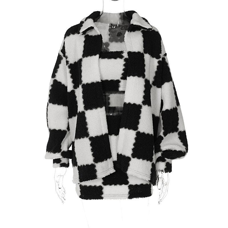 Maxime Black And White Plaid Thickened Coat - MAXIME