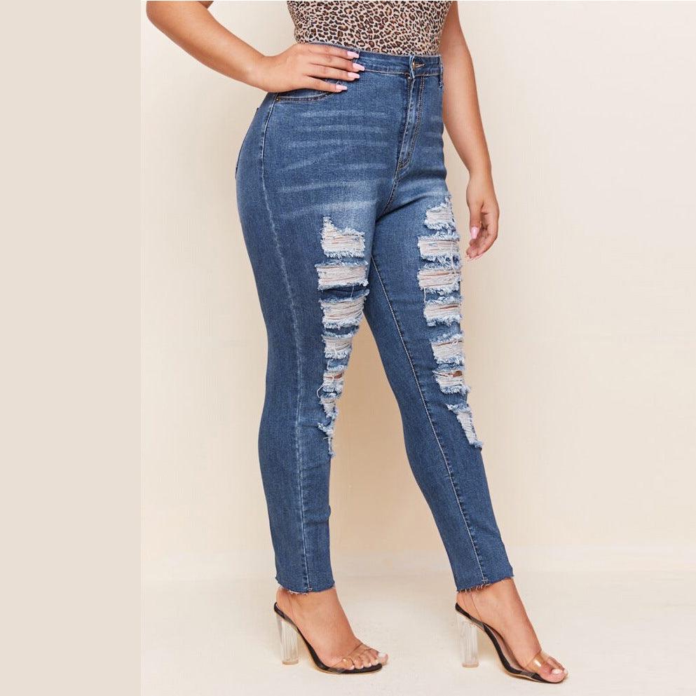 Washed Ripped Fat MM Slim Plus Size Pencil Pants - MAXIME