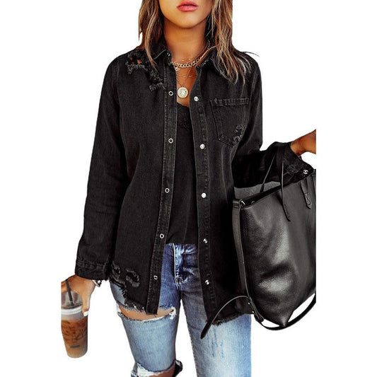 Black Denim Long Sleeve Coat Jacket Women - MAXIME