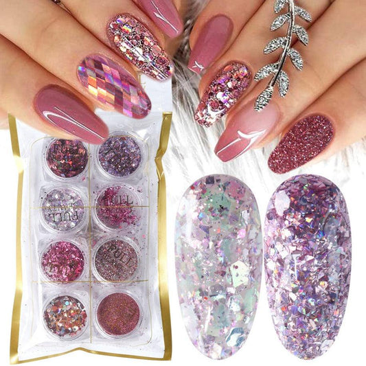 8 Box Mix Glitter Nail Art Powder Flakes Set - MAXIME