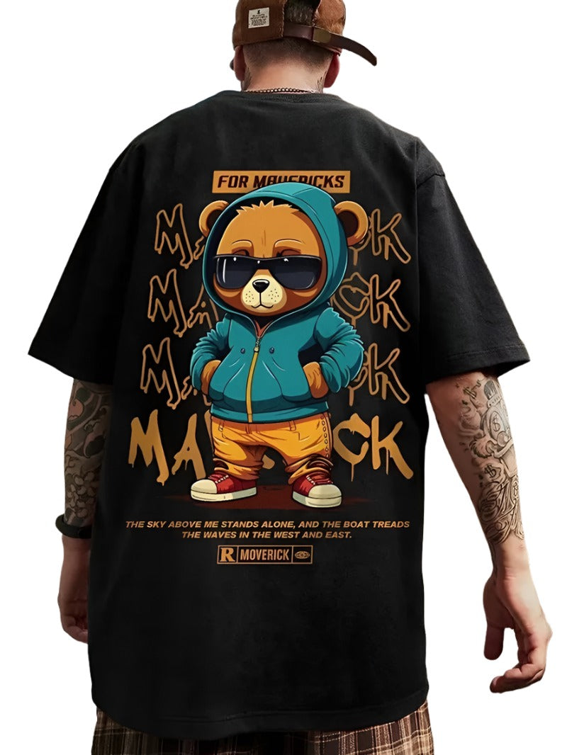 Men's Cotton Bear Pattern Printed T-Shirt with Round Neck - MAXIME