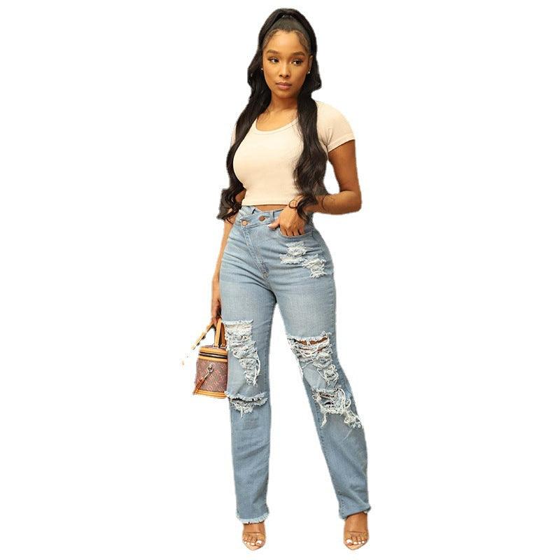 Washed High Waist Straight Ripped Jeans - MAXIME